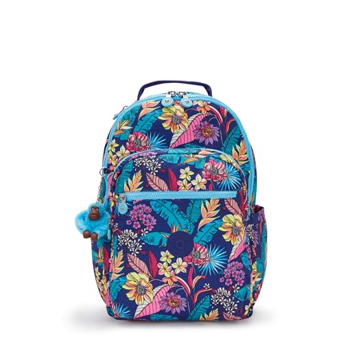 Kipling Mochila feminina Seul para laptop de 15 polegadas, durável, espaçosa com alças de ombro acolchoadas, manga protetora embutida, Folhas exóticas, 12.75''L x 17.25''H x 8''D, Mochila para laptop