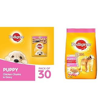Pedigree Puppy Wet Dog Food, Chicken Chunks in Gravy, 70 g (Pack of 30) & Puppy Dry Dog Food- Chicken & Milk, 1.2kg Pack