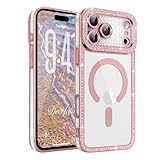 ROSEHUI Funda Magnética para iPhone 17 Pro Transparente Glitter Diamond Bling Compatible con Cargador Inalámbrico Funda Antichoque Fina Cubierta Protectora Rose