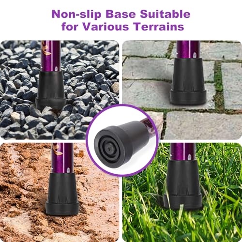 Image of MFE Folding Cane, Portable 5-Level Adjustable Height Walking Stick with Foldable Design, Wrist Strap, and T Handle for Men and Women, Purple Floral