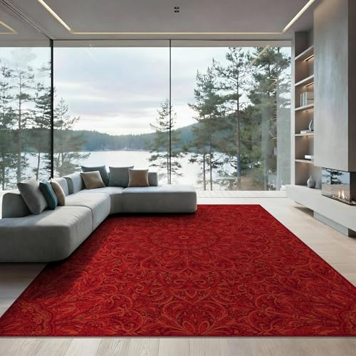 ODIKA 9'x12' Washable Flatwoven Rug, Maroon Traditional Floral Stain Resistant Massive Carpet Non-Slip Chair-Friendly Mat for Dining Room, Basement, Large Office | Ref:2001459