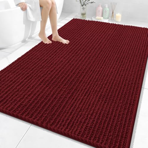 Image of OLANLY Bathroom Rug Mat 70x46, Thick Soft and Absorbent Chenille Bath Mat, Non-Slip Rubber Backing, Machine Washable Quick Dry Bath Rugs for Tub Shower Floor, Home Decor Accessories, Burgundy