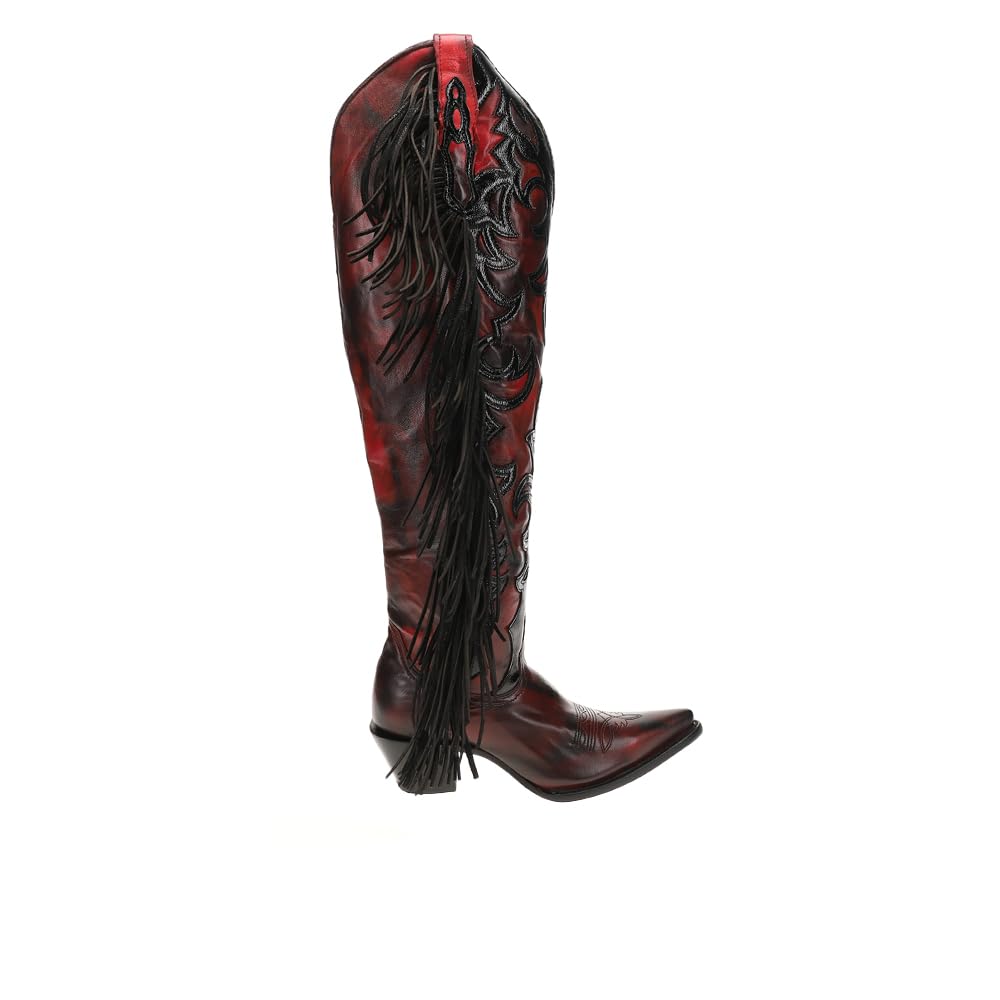 Corral Boots Womens Overlay Embroidered Fringe Tall Zippered Pointed Toe Casual Boots Mid Calf Low Heel 1-2 -