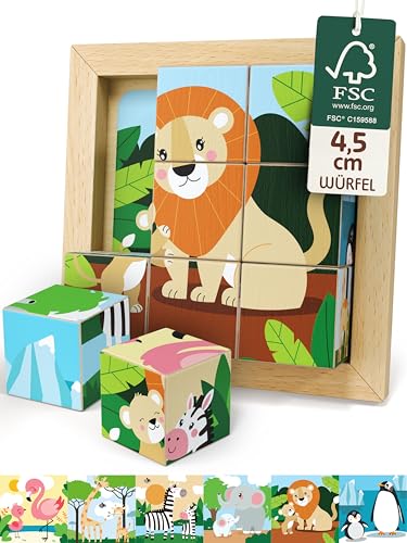 Merle Toys 6-in-1 Würfelpuzzle ab 2 Jahre 100% FSC-Buchenholz Würfelpuzzle ab 3 Jahre Bilderwürfel Holzpuzzle ab 2 Jahre 4 5 cm große Würfel Puzzle mit abgerundeten Ecken und Bildvorlagen Löwe