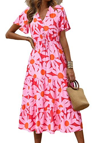 PRETTYGARDEN Summer Floral Dress for Women 2025 Casual Boho Short Sleeve Maxi Dresses V Neck Tiered Flowy Beach Sundress