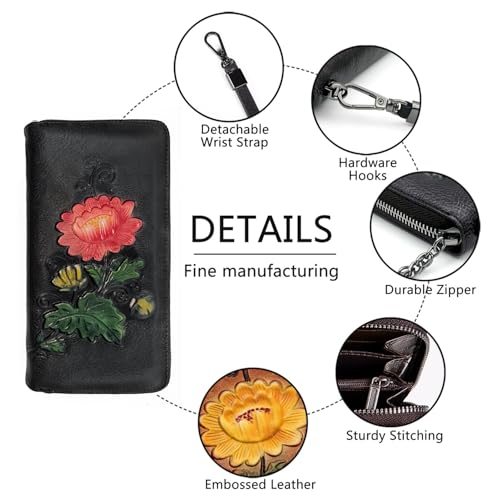 Image of Wallet Genuine Leather for Women - with RFID Blocking Card checkbook ID Slot Large Capacity Vintage style (chrysanthemum black)