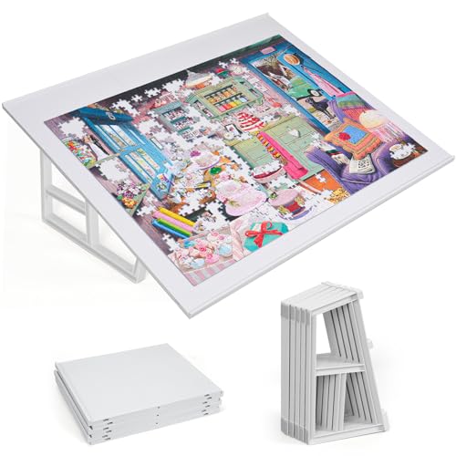WELGEE 1000-Piecce Tilting Puzzle Board with Stand, 31” x 24” Lightweight Portable Puzzle Table for Adults & Seniors, DIY Customizable Puzzle Accessory Only 3.5 lbs (White)
