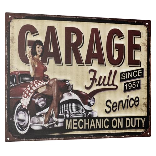 Vintage Tin Sign Garage Full Service Since 1957 Retro Metal Sign with Pin-Up Motif 25 x 33 cm Wall Decoration for Workshop Bar Garage Men's Room Gift Idea