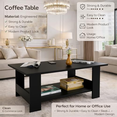 Image of Spyder Craft Modern Coffee Table with Open Storage Shelf - Minimalist Rectangular Center Table for Living Room, Office, and Lounge - Durable Engineered Wood, Easy Assembly (Black) (Assembly -DIY)