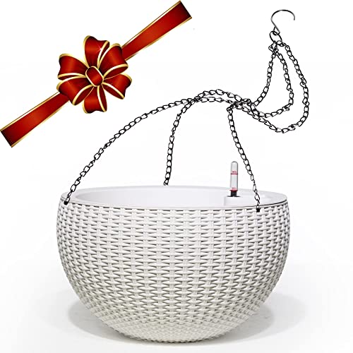 Dexceder 13.5 Inch Large Self Watering Hanging Planters Indoor Outdoor, Thickened Hanging Basket Flower Plant Pot With Water Level Indicator (White) #TOP6