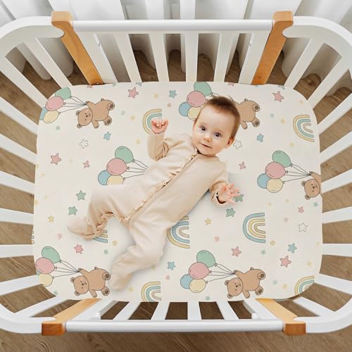 Image of Cute Bear Pattern Crib Sheets Stretchy Portable Sheets for Baby Toddler Breathable Soft Crib Mattress Sheet for Girls Boys