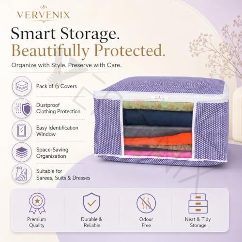 Image of VERVENIX Saree Cover Pack of 6,Large Size, White & Purple Pattern Garment Storage Bags with Zipper & Transparent Window, Dustproof Clothes Cover for Sarees, Suits, Dresses, 46.3 x 36 x 22.5 CM