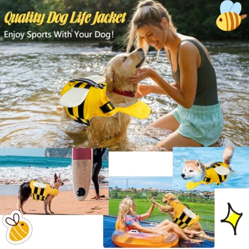 Little Bean® Hundeschwimmwesten, verstellbare Haustier-Schwimm-Sicherheitsweste mit überlegenem Auftrieb und Rettungsgriff für Hunde, Bootfahren, mit reflektierenden Streifen (Bienen gelb, XS)