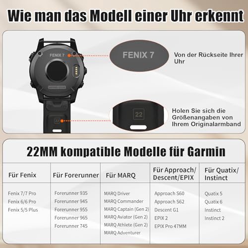 Quickfit 22mm für Garmin Fenix 5/5 Plus/6/6 Pro/8 47mm/7/7Pro/E 47mm, Quickfit Armband 22mm für Garmin Epix 2, Instinct/Instinct 2, Forerunner 935/945/955/745, Approach S60/S62, Descent G1(Schwarz)