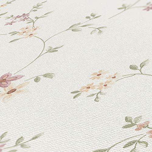A.S. Création Maison Charme Vliestapete mit floralem Muster Blümchen 0,53 x 10,05 m – Creme, Grün, Bunt – Blumentapete Made in Germany – 937701