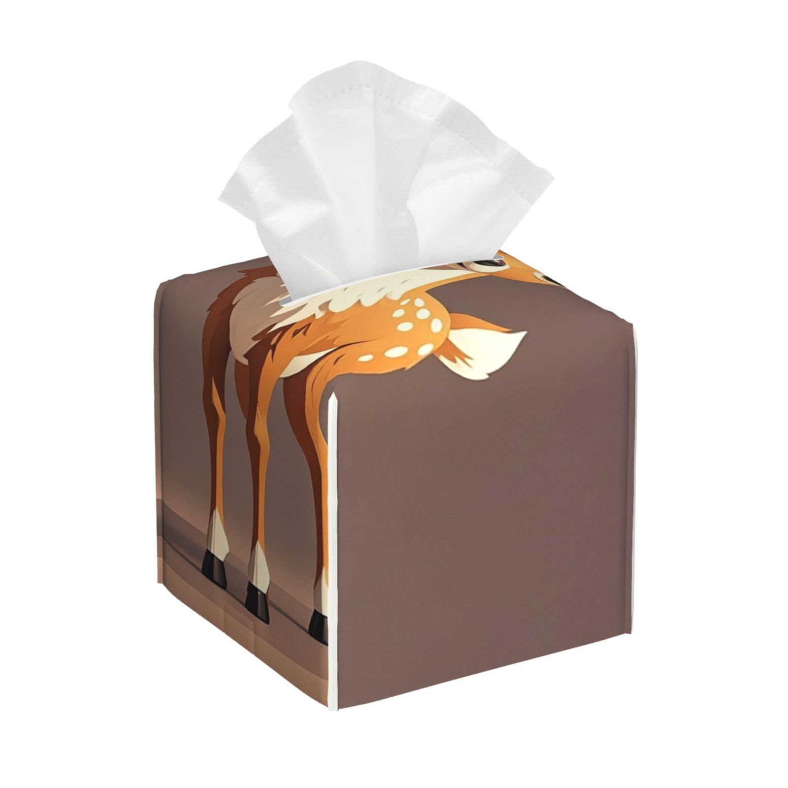 Pu Leather Cube Tissue Box Holders Modern Waterproof Square Tissue Box Cover Deer Facial Paper Holder for Bathroom Kitchen Nightstand Office Home Decor