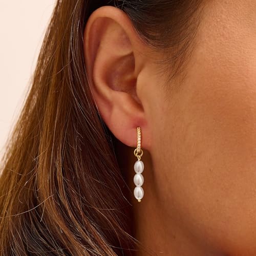 MBW Gold Pearl Dangle Earrings for Women Trendy, Dainty 14K Gold Plated Hoop Earrings Cute Pearl Drop Simple Cubic Zirconia Hoops Hypoallergenic Waterproof Gold Jewelry Gifts for Women4