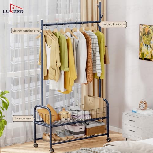 Image of Lukzer | MGR-002 | Deep Sea | Metal Cloth Stand & Garment Rack with Wheels, 2 Bottom Shelves & Single Rod - Space-Saving Clothes Organizer for Bedroom, Bathroom, Office & More | 173 x 90 x 34 cm