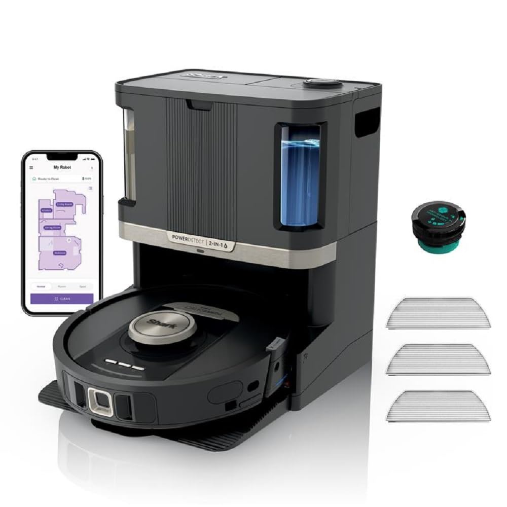 PowerDetect Robot Vacuum and Mop with 60-Day Self-emptying and Cleaning Base - 3D LiDAR Navigation - Wi-Fi / App - 3 Anti-microbial Pads, 1 Odour Cartridge and 2 Brushes Incl. - Black