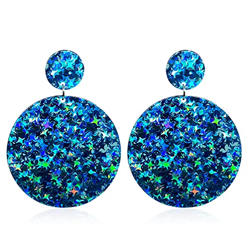 JUNENTER レトロ アクリル ラウンド 長方形 ハート型 グリッター スパンコール ダングル ドロップ スタッド イヤリング ボヘミアン 軽量 樹脂 幾何学模様 キラキラ スター ステートメント イヤリング レディース 70年代 80年代 (ラウンド