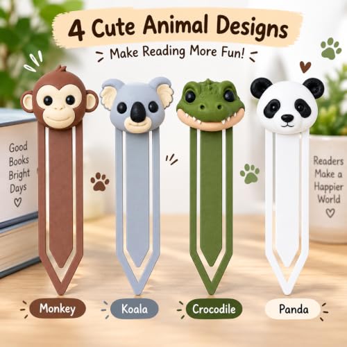 Image of 4 Pack Cute Animal Bookmarks Set | Monkey, Koala, Crocodile, Panda