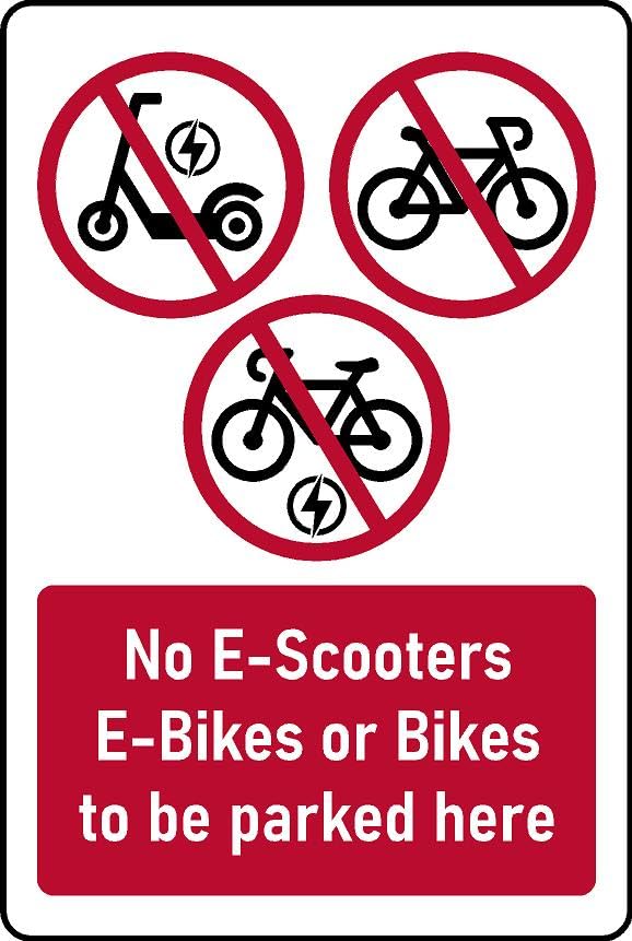 No E-Scooters, E-Bikes or Bikes to be parked here Safety sign - 1mm flexible Plastic (300mm x 200mm)