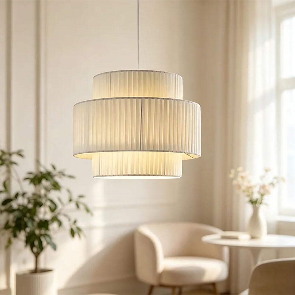 XQIDIANAA 19.7''Drum Chandelier Dining Room Light Fixtures,Modern Farmhouse Chandelier with White Fabric Lampshade,3-Tier Pendant Lights for Kitchen Island, Foyer, Entryway, Bedroom