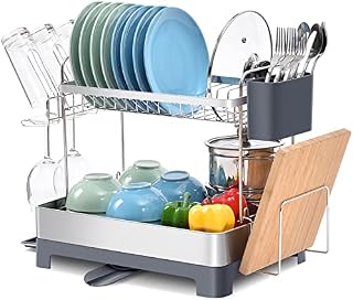APEXCHASER Dish Drying Rack, 2-Tier Dish Rack with Large Capacity, Multifunctional Dish Drainer with 360° Drainboard Set, Rustproof & Durable with Cutting Board Rack, Tool-Free Installation
