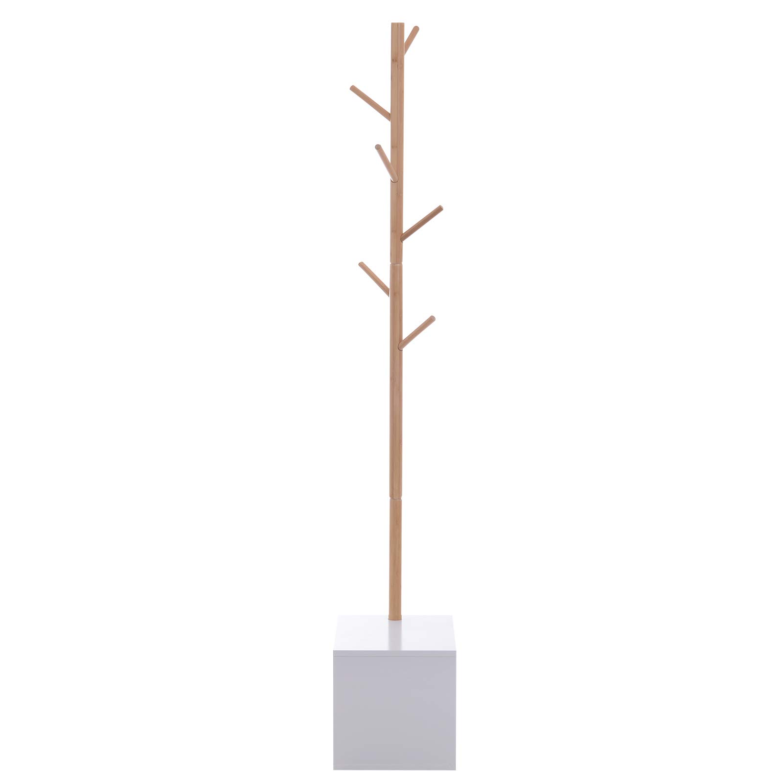 HOMCOM Perchero de Pie Zapatero Tipo Árbol Moderno 6 Ganchos 40x30x180cm | Colgador, para Colgar Ropa Bolsa, Banco con Almacenamiento, Pasillo Entrada, Bambú y MDF