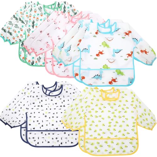 Image of Tarpop Long Sleeve Bibs Infant Smocks Multi Pack Waterproof Soft Sleeved Bibs for Babies Toddler Eating Feeding