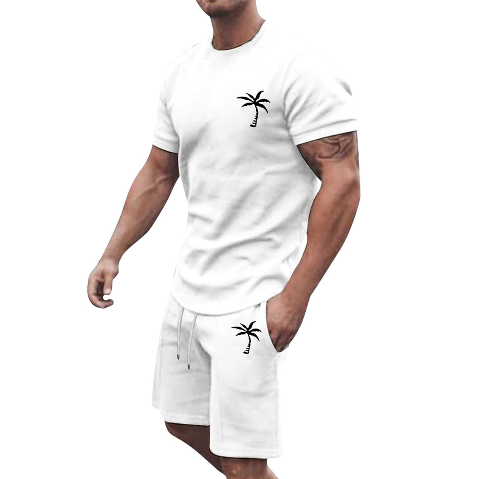 Genérico Chándal Hombre 2 Piezas Verano 2026 Conjunto Deportivo Camiseta Manga Corta Estampado de Palmeras Pantalones Cortos Transpirable Cómodo Traje Casual para Jogging y Ocio