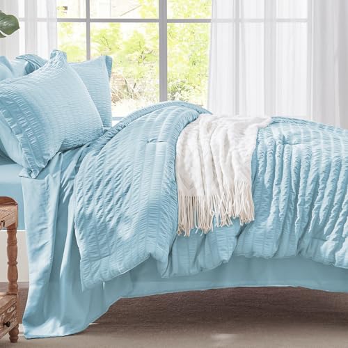 Image of Zzlpp Full Comforter Set 7 Pieces, Light Blue Seersucker Bed in a Bag with Comforter and Sheets, All Season Bedding Sets with 1 Comforter, 2 Pillow Shams, 2 Pillowcases, 1 Flat Sheet, 1 Fitted Sheet