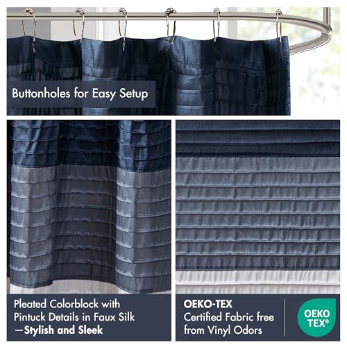 Image of Madison Park Amherst Bathroom Shower Curtain Faux Silk Pieced Striped Modern Microfiber Bath Curtains, 72x84 Inches, Navy