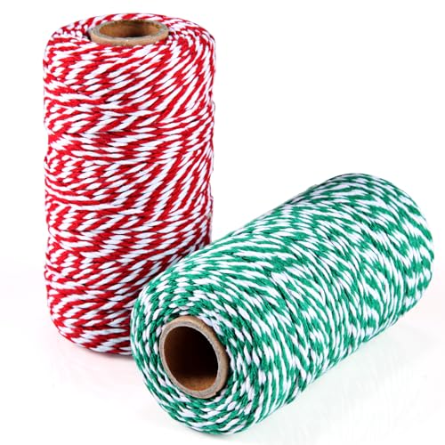moinkerin 200 Yardas Cuerda de Algodon Rojo y Blanco, Hilo de Algodón para Carnes, Jardinería, Manualidades o Navidad Envolver Regalos