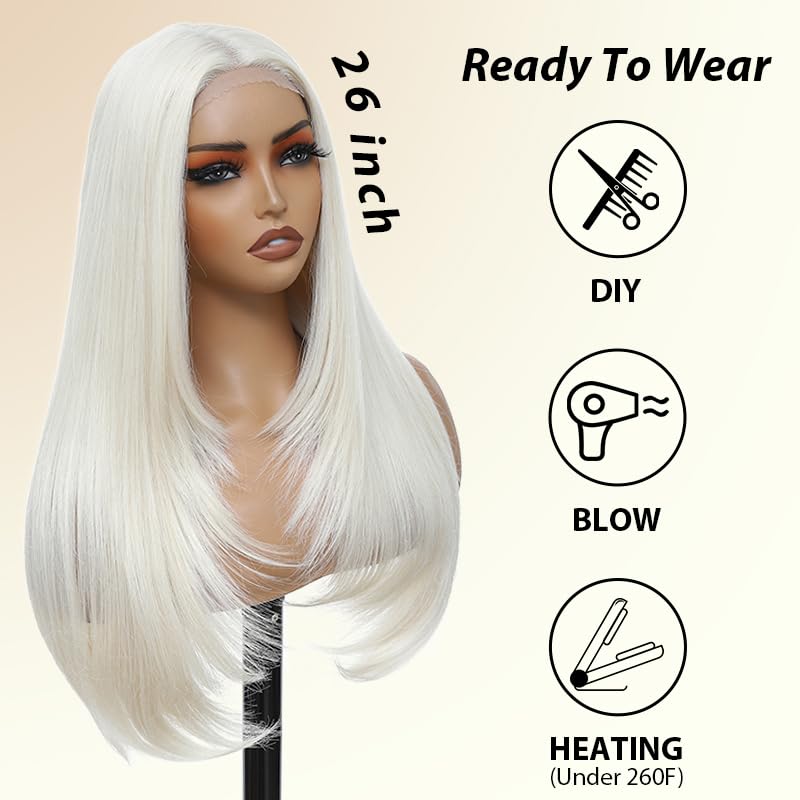 Synthetic Lace Front Wig 5x4x1 Platinum Blonde Wig for Black Women 26 Inch HD Lace Hand Tied Pre Plucked Long Straight Wigs for Beginner Friendly (Platinum Blonde)
