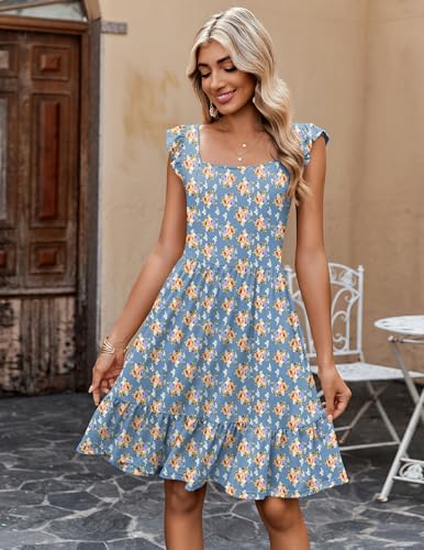 Image of Zeagoo Womens Summer Dress Casual Ruffle Tiered Floral Square Neck Sundresses Beach Boho Mini A-line Dress 2026 with Pockets
