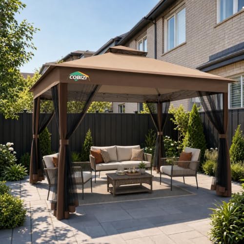 Image of COBIZI 13x13 Pop up Gazebo on Clearance - Outdoor pop up Canopy Tent,carpas para Patio, Shelter - Screen Tents with Portable Carry Bag, Patio Gazebos for Backyard, Garden, Camping, Deck,Brown