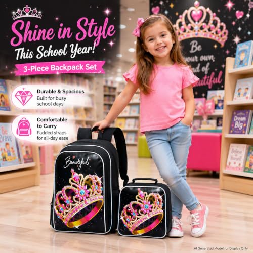 Image of CCJPX 3Pcs Backpack for Girls, 16 inch Kids Crown Bookbag with Lunch Box, Water Resistant Elementary School Bag for Kindergarten Preschool Toddler (Black)