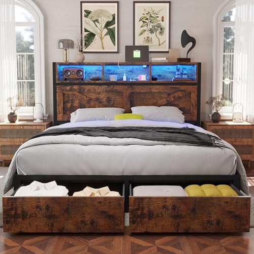 Fastroby Farmhouse Full Bed Frame with Bookcase Headboard and Storage Drawers, LED Lights and...