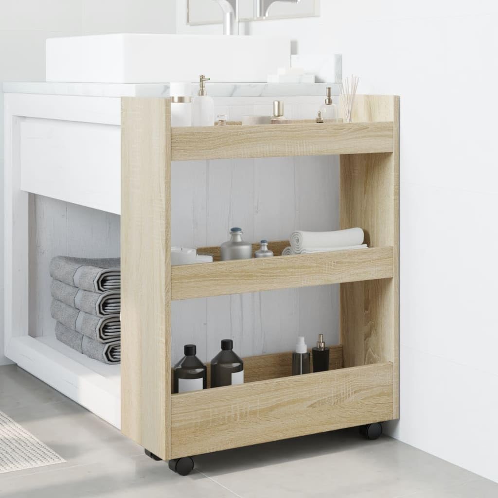 Carro de almacenamiento genérico estrecho de 3 niveles Chene Sonoma | Madera de ingeniería estable, 4 ruedas giratorias, 2 bloqueables, para sala de estar cocina y cuarto de baño