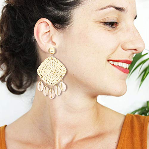 Rattan Shell Earrings Boho Handmade Tassel Woven Straw Wicker Drop Earring Shell Dangle Earrings For Women Girls (White) #TOP1