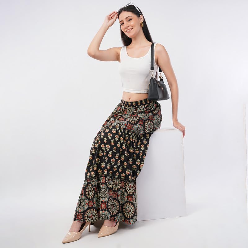 Rabhika Women’s Black Patterned Pure Cotton Tiered Maxi Skirt, Lightweight Breathable Fabric, Stylish Everyday Outfit| XL 4