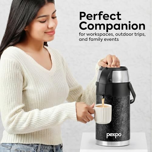 Image of Go24 pexpo AquaPort Stainless Steel Vacuum Insulated Beverage Dispenser with Pump - 3.5 LTR | Hot & Cold | Double Wall | Sturdy Handle to Carry | Coffee /Tea Carafe - Black