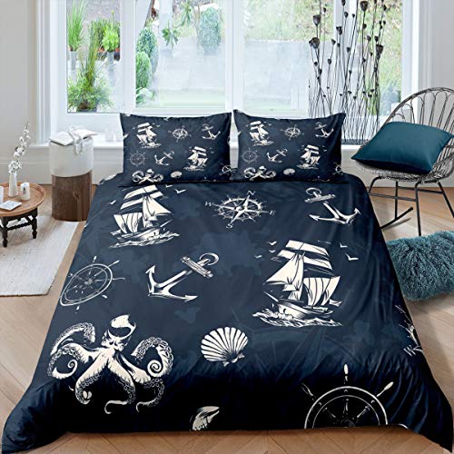 Erosebridal Sailboat Duvet Cover Full Anchor Bedding Set Octopus Shell Comforter Cover Nautical Bedspread,Modern Ocean Decorative 3 Pcs Bedding Set (1 Duvet Cover 2 Pillow Shams) Soft Microf