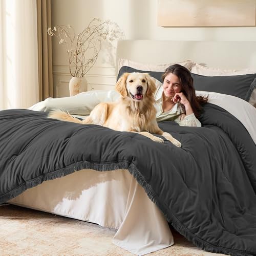 Image of Andency Comforter King Size Bed Set Dark Grey, 3 Pieces Boho Lightweight Winter Bedding Comforters & Sets, All Season Soft Tassel Bed Set (104x90In Comforter & 2 Pillowcases)