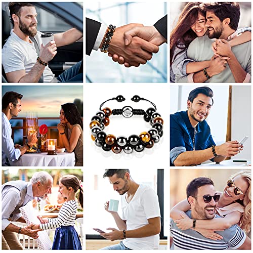 Triple Protection Bracelet, Bracelet For Men Women Tiger Eye Beads Hematite Obsidian Natural Stone Black 10Mm Blue Healing Bracelet Good Luck Prosperity Happiness Father's Day Gift #TOP6