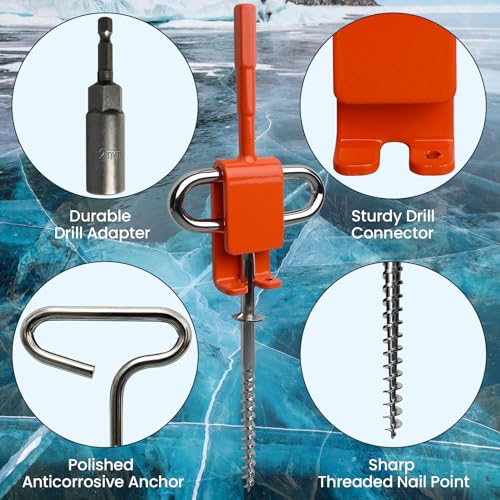 Pristis Ice Anchor Tool Kit, Ice Fishing Tent Stakes Nails with Drill Adapter, Stainless Steel Augers Accessories Set, Threaded Gear Equipment with Protective Bag for Setting Up Camping Shelter Shanty