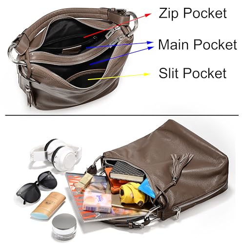 Image of YALUXE Women's Genuine Leather Hobo Handbags Purses Shoulder Bags Cross-body Bags with Double Zippered Pockets