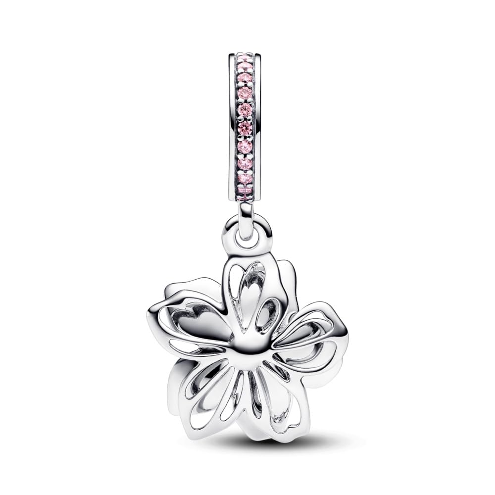 PANDORA Ciondolo mobile Moments a forma di fiore di ciliegio in argento Sterling con eleganti zirconi rosa e smalto rosa sfumato