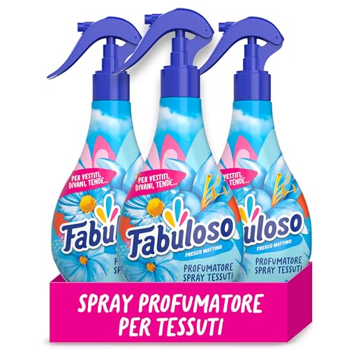 Fabuloso Spray Profumatore per Tessuti Fresco Mattino 250 ml, Profumatore per Tessuti, Rinfresca i Capi, Spruzzo Sottile e Uniforme, Utilizzabile su Capi e Tessuti Bagnati (Confezione da 3)